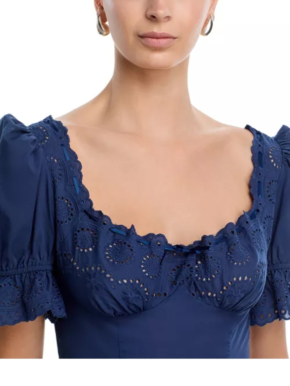 NWT Wuthering Heights Aqua Eyelet Navy Eyelet Puff Sleeve Cottagecore Peplum M